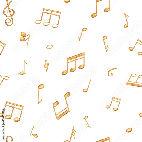 Golden yellow abstract musical notes seamless watercolor banner isolated background. Hand painted music symbols illustration for concert program, premium stationery, wedding invitation, festive decor.