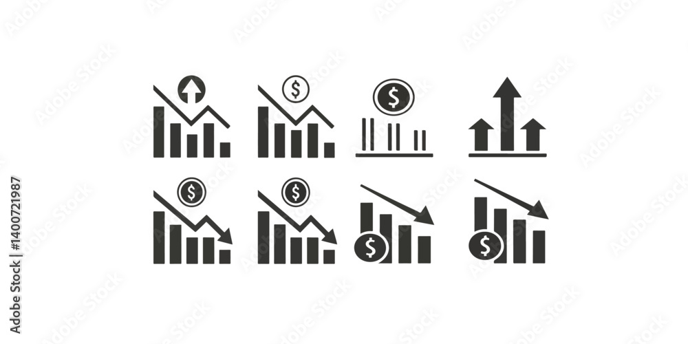 Print Up and down graph chart vector icon set. growth increase and decrease sign. economy rise and decline symbol. Print Up and down graph chart vector icon set. growth increase and decrease sign. economy rise and decline symbol.