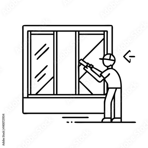 Installer installs window in new house with professional equipment in construction context