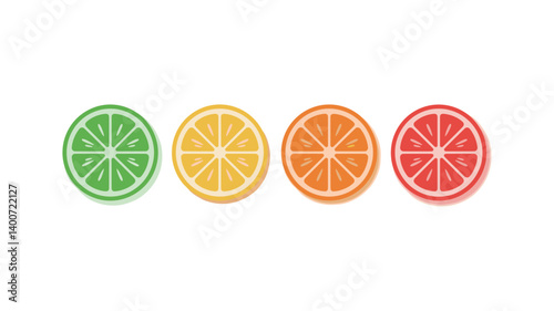 Citrus Symphony: A vibrant, eye-level shot of four colorful citrus fruit slices, elegantly arranged, radiating freshness and zest, a feast for the eyes.