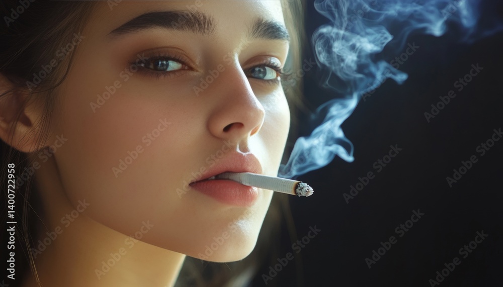 Obraz premium Low Key Portrait of a Young Woman Smoking, with Smoke Filling the Air Against Dark Background
