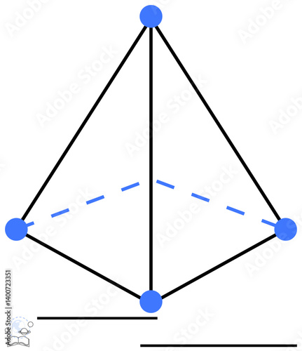 Black pyramid structure with blue node points, solid and dashed lines. Ideal for geometry, structure, connection, network, design, symmetry education. Flat simple metaphor