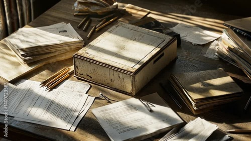 Old box sits amid papers on wooden surface indoors