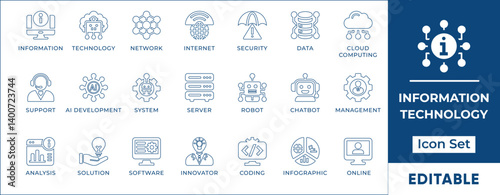 Information Technology line icon set featuring essential elements like cloud computing, data analysis, AI, security, development, and more. Perfect for web design, presentations, and mobile apps.