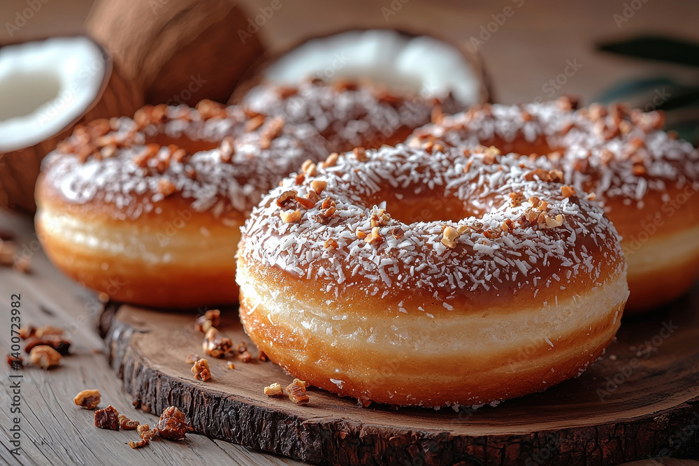 Decadent coconut cream doughnuts topped with shredded coconut and caramelized nuts Decadent coconut cream doughnuts topped with shredded coconut and caramelized nuts
