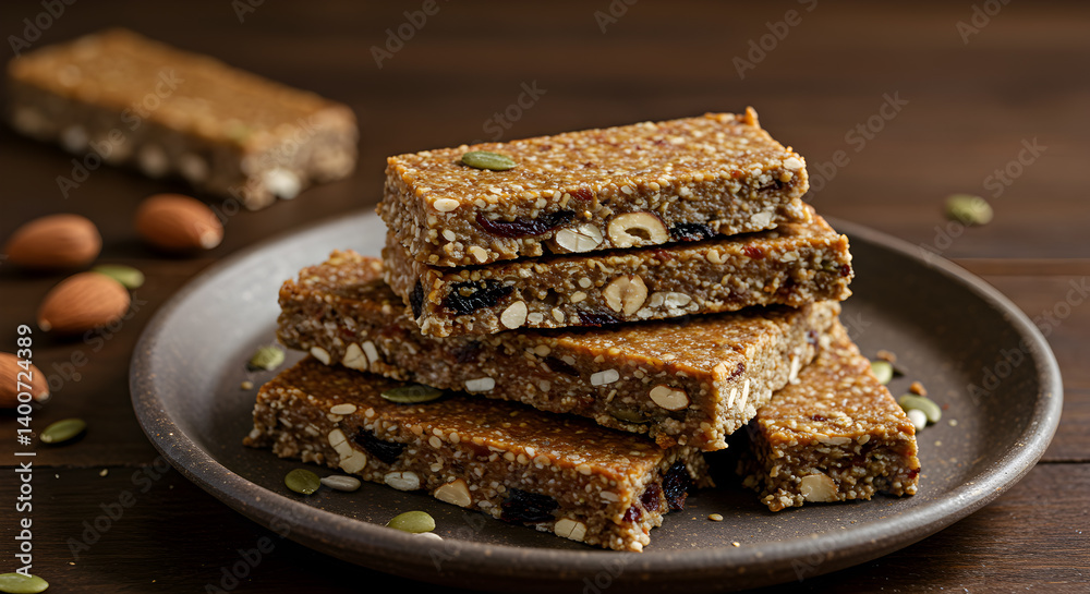 Homemade Plant-Based Protein Bars Stacked on a Rustic Plate Still Life Homemade Plant-Based Protein Bars Stacked on a Rustic Plate Still Life