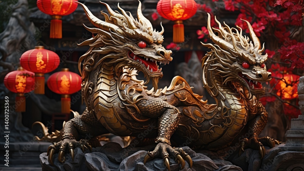 Fototapeta premium A detailed wooden sculpture of a dragon curled around a red lantern