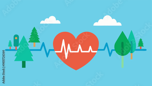 Heartbeat with Nature A heart monitor line that transitions from a healthy heartbeat to jagged spikes with s of trees water and wildlife fading into degradation