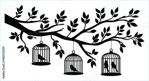 Black tree branch with hanging bird cages vector design. Birds in tree cages black silhouettes vector