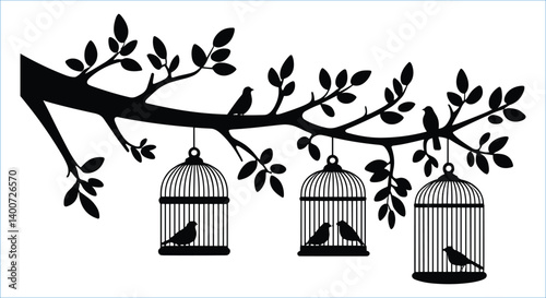 Black tree branch with hanging bird cages vector design. Birds in tree cages black silhouettes vector