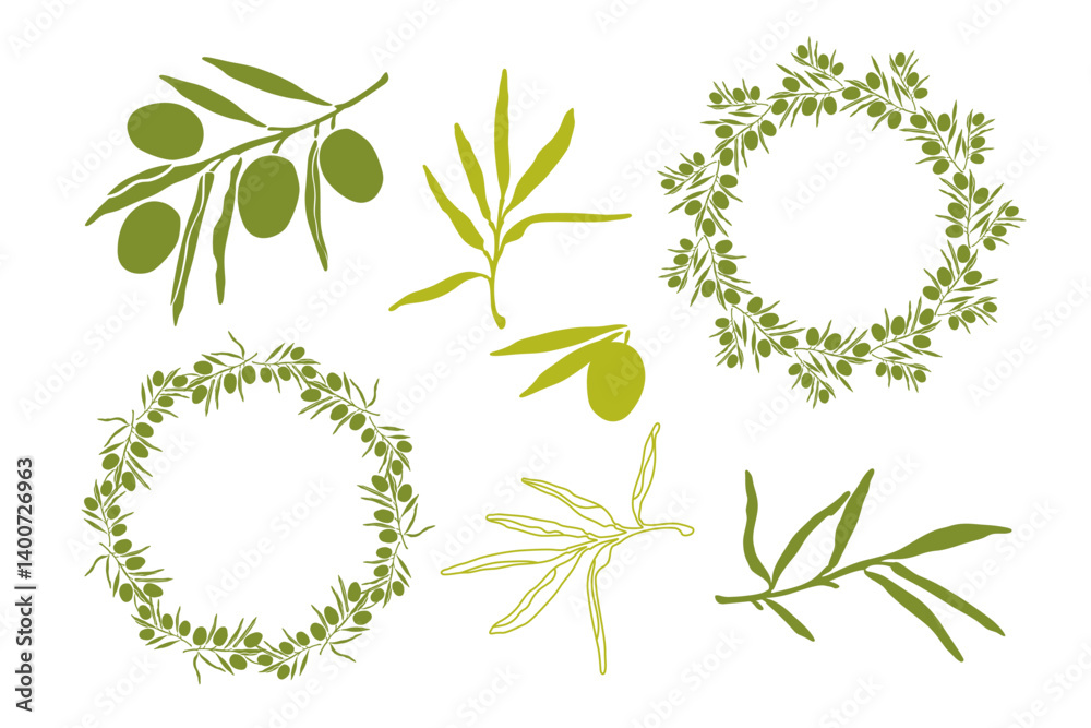 simple set drawing elements of green  leaves and branches olive, circle frame branches olive, vector, flat