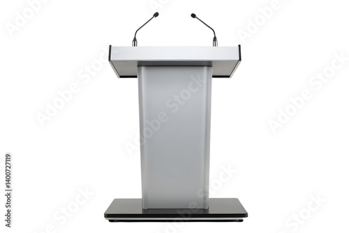 Modern Wooden and Metal Lectern with Dual Microphones for Presentations.