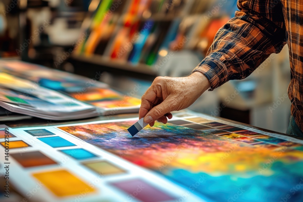 Obraz premium Man compares swatch to a colorful print, in a design studio. Use for graphic design, printing, color matching, or creative projects.