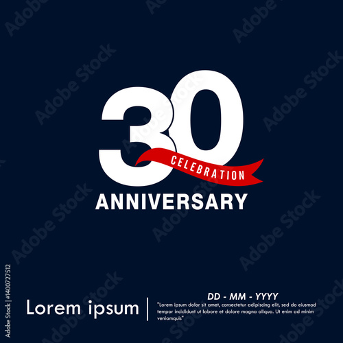 30th years anniversary celebration emblem. elegant anniversary logo isolated with red ribbon on dark blue background. vector illustration template design for web, flyers, poster, invitation card