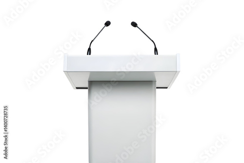 Modern Wooden and Metal Lectern with Dual Microphones for Presentations.