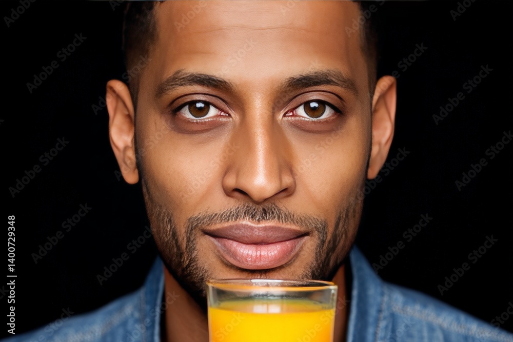 Man holding yellow beverage in transparent glass over dark background with confident expression suggesting product awareness in drink marketing concept Man holding yellow beverage in transparent glass over dark background with confident expression suggesting product awareness in drink marketing concept