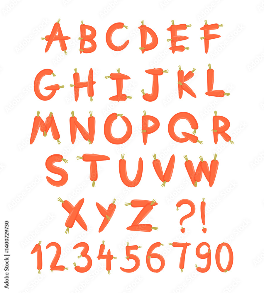 hand drawn alphabet made of carrots. Vector illustration.