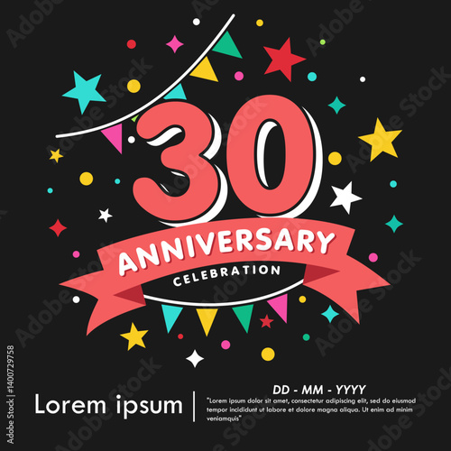 30th years anniversary celebration emblem. anniversary logo isolated with colorful stars and bunting flag and ribbon. vector illustration template design for web, flyers, poster, invitation card	