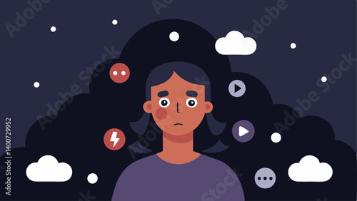 Cloud of Doubt A person surrounded by dark storm clouds filled with social media icons likes and comments representing selfdoubt and anxiety stemming from online validation.