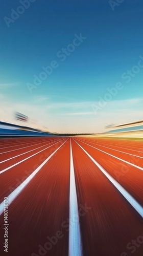 Dynamic racing track perspective showcasing speed and motion with vibrant orange lanes stretching towards blue horizon