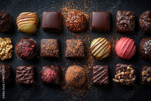 assortment of decadent truffle chocolates with various toppings and textures on dark background