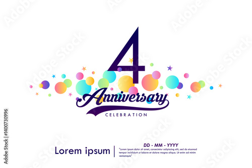 4th years anniversary celebration emblem. elegant anniversary logo isolated with ribbon and colorful circles and stars on white background. vector illustration template design