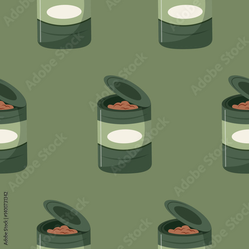 pattern with icon of green marching tin can with stew on green background