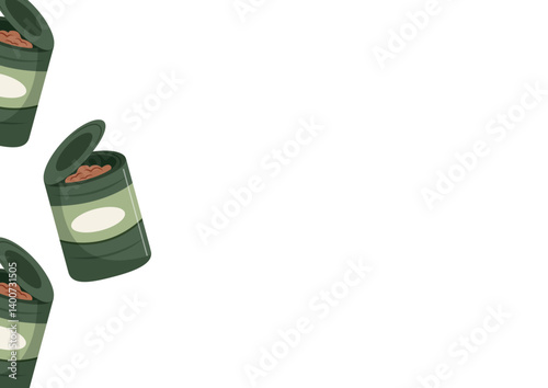 poster with icon of green camping tin can with stew, food for camping