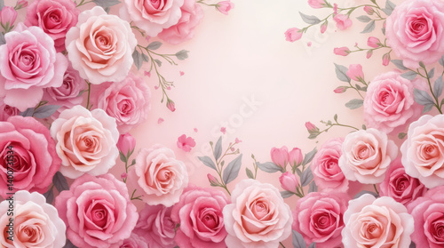 Background in Watercolor Style Featuring Dense Arrangement of Pink and Blush Roses