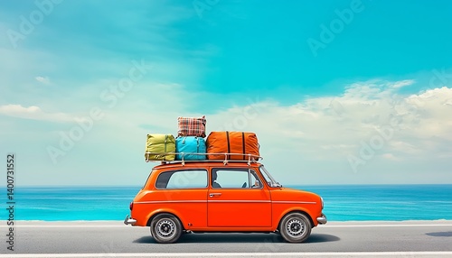Small retro car with baggage, luggage and beach equipment on the roof, fully packed, ready for summer vacation, concept a road trip with family and friends, dream destination, very vivid colors with d