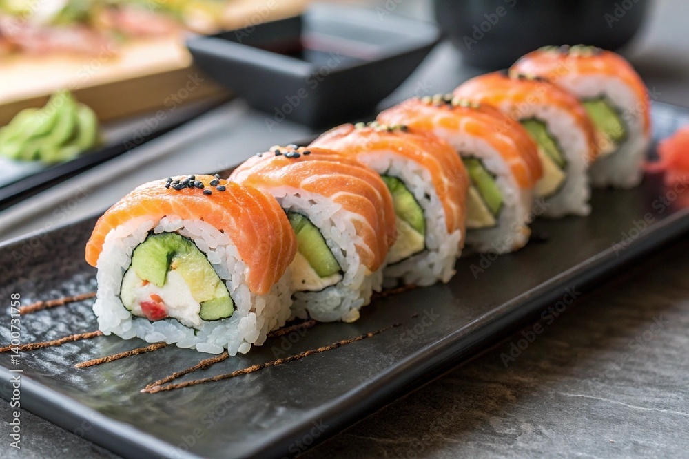 Layers of rice, avocado, and filling, topped with vibrant salmon Layers of rice, avocado, and filling, topped with vibrant salmon