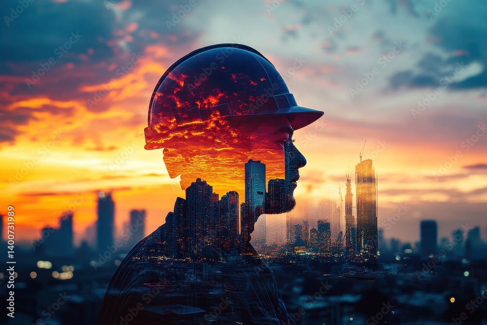 Obraz premium Double exposure of builder with helmet and cityscape against a sunset. Great for illustrating construction, architecture, and urban planning.