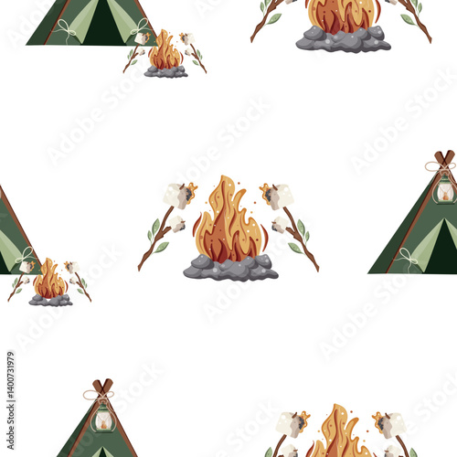 pattern with an icon of a camping tent for relaxation and a bright fire next to it on which marshmallows are being roasted