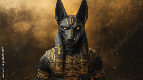 Anubis, Egyptian god, golden details, smoky background photo