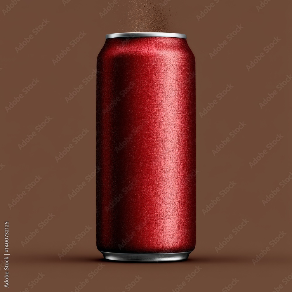 Matte red drink can standing upright on warm brown background centered in clean minimal product composition for modern beverage packaging stock concept with elegant simplicity and branding visual Matte red drink can standing upright on warm brown background centered in clean minimal product composition for modern beverage packaging stock concept with elegant simplicity and branding visual