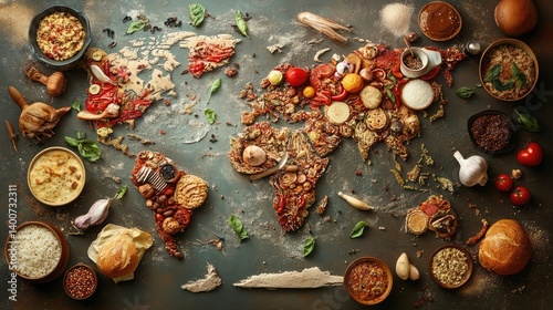 World map entwined with iconic food items from various countries