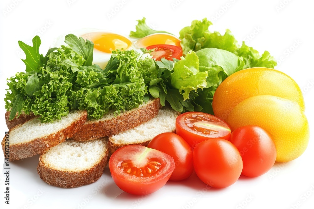 Fresh Breakfast Plate with Eggs, Bread, and Vegetables Fresh Breakfast Plate with Eggs, Bread, and Vegetables