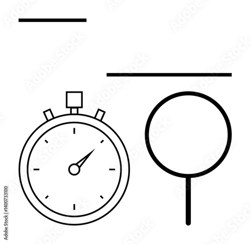 Stopwatch with ticking needle and magnifying glass depicting time tracking, analysis, and focus. Ideal for productivity, research, time management, organization, problem-solving, efficiency focus