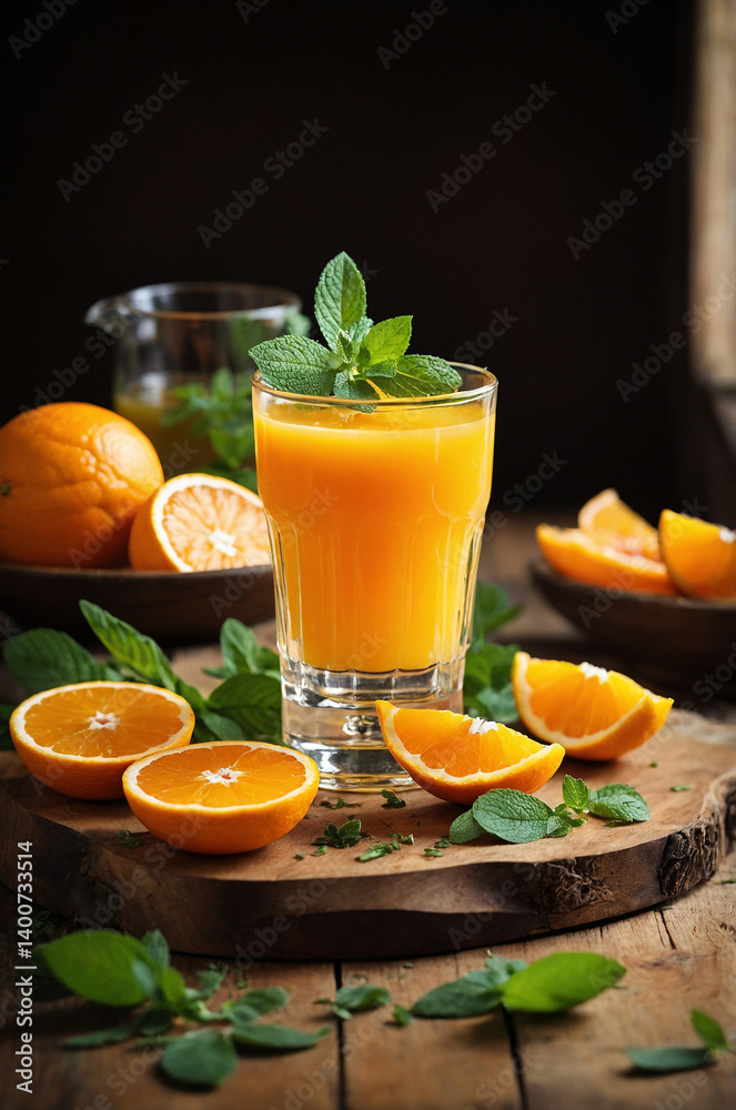 Fresh Orange Juice with Mint and Citrus Slices on Wooden Table Fresh Orange Juice with Mint and Citrus Slices on Wooden Table