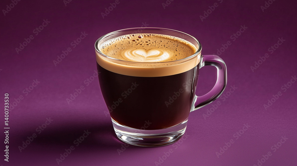 Espresso shot with rich velvety crema on deep purple backdrop in modern cafe-style photo Espresso shot with rich velvety crema on deep purple backdrop in modern cafe-style photo