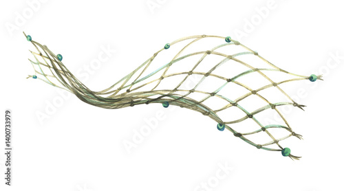 Brown fishing net with green floats, curved by a wave. Watercolor illustration hand-drawn on the theme of sea and fishing. Separate decorative element isolated from the background