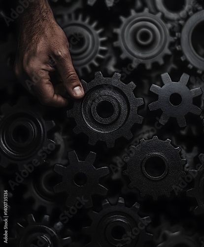 A hand placing a gear into a collection of interlocking gears