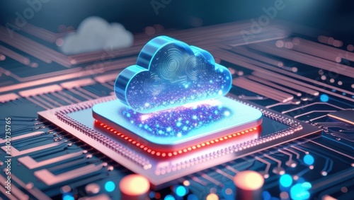 Digital Cloud Computing Concept: Glowing Cloud Icon Integrated Into A Circuit Board, Symbolizing Data Migration, Infrastructure Modernization, And Digital Transformation In A Futuristic Cyber Network.