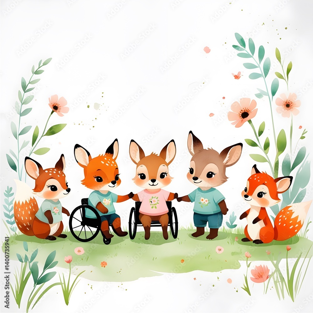 Fototapeta premium watercolor style illustration, forest animals on a summer meadow, animals in wheelchairs, inclusivity, AI
