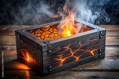 Obraz na płótnie Glowing Charred Wood Box – LED Fire Effect Design w salonie