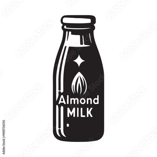 Almond Milk Bottle, Healthy Plant-Based Drink in Glass Bottle, Vegan Dairy Alternative, Organic Beverage Packaging