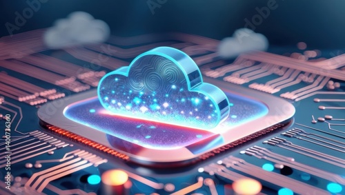Digital Cloud Computing Concept: Glowing Cloud Icon Integrated Into A Circuit Board, Symbolizing Data Migration, Infrastructure Modernization, And Digital Transformation In A Futuristic Cyber Network.