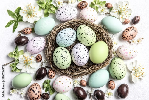 Colorful Easter Eggs Nestled in Floral Arrangement Spring Celebration Still Life Photography Bright and Cheerful Top Down View Holiday Spirit