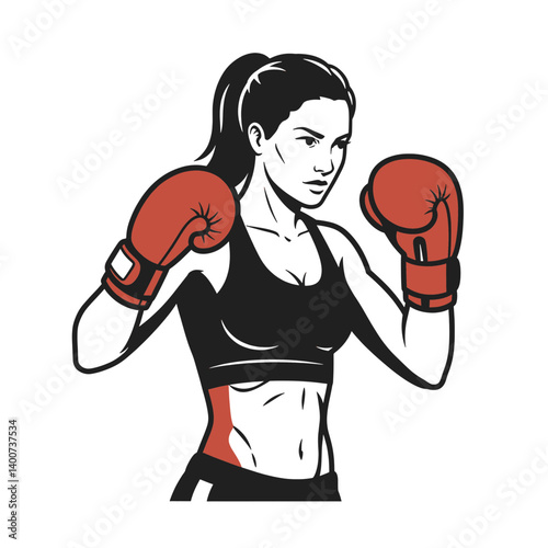 Champion's Stance: A determined female boxer, sculpted with strength, readies herself in a poised stance, her gaze locked in focus as she prepares for the battle.