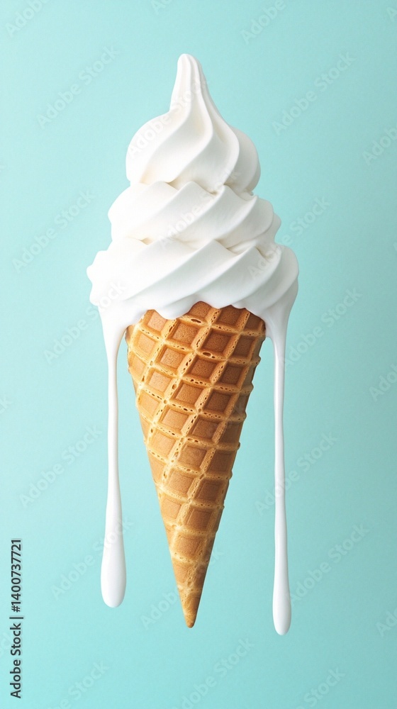 Creamy white soft serve ice cream swirling elegantly atop a golden crisp waffle cone, dripping delicately against a serene mint green background Creamy white soft serve ice cream swirling elegantly atop a golden crisp waffle cone, dripping delicately against a serene mint green background
